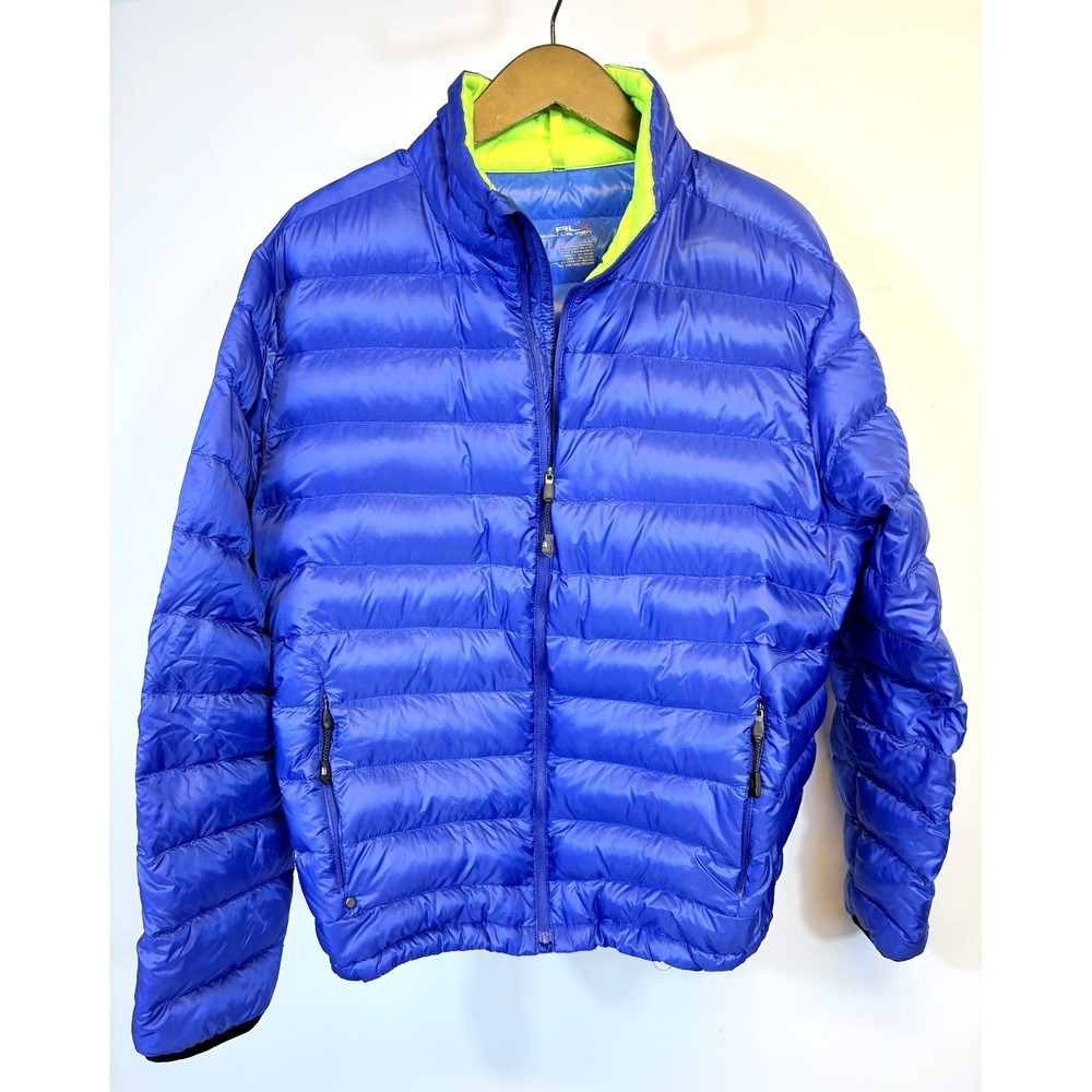 Ralph Lauren RLX Mens Blue Neon Green Quilted Down Mix Puffer Jacket Classic Lrg
